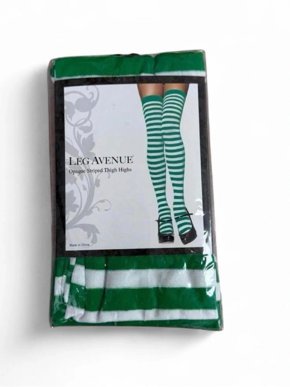 Y2k deadstock 2000s Leg Avenue green and white striped thigh high tights